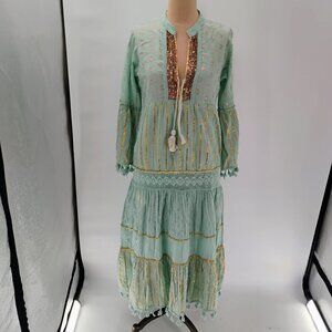 Salotto Womens Short Sleeve Abstract‎ Print Long Dress Green bohemian beaded